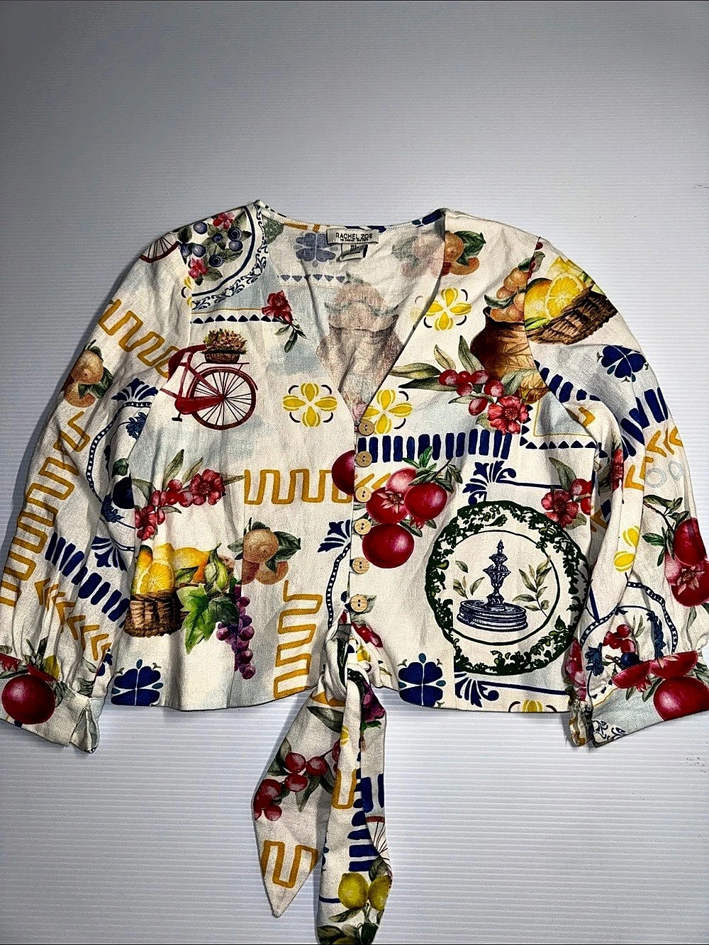 Rachel Zoe Floral Tie-Front Blouse in White & Blue Size XS